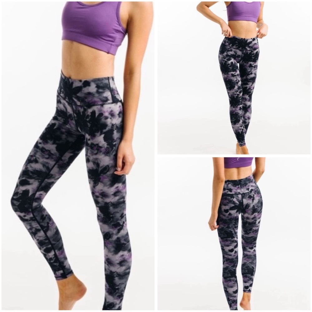 Zyia Soft n Snug High Rise Leggings black & purple watercolor floral print.